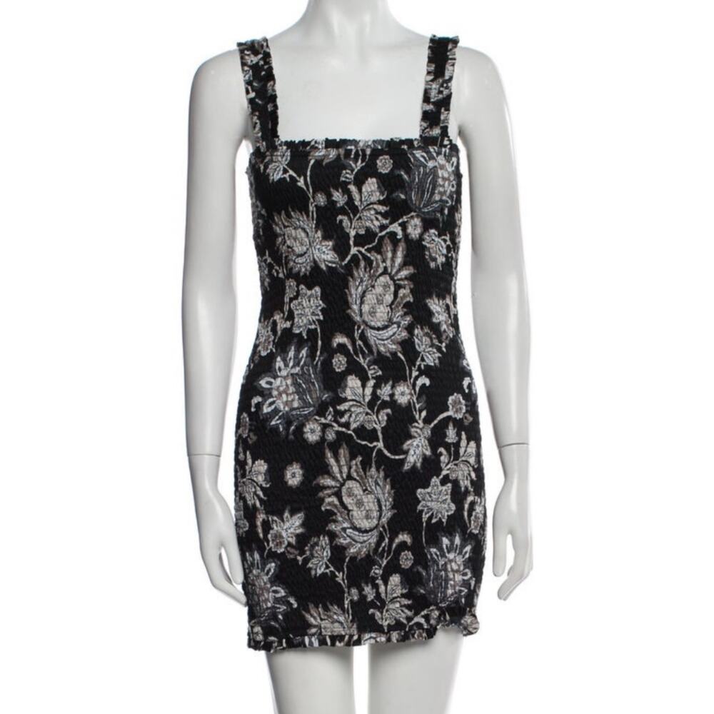 Mikoh Magnolia Scrunch Smocked Mini Dress Black Gray Floral 2 M $158
